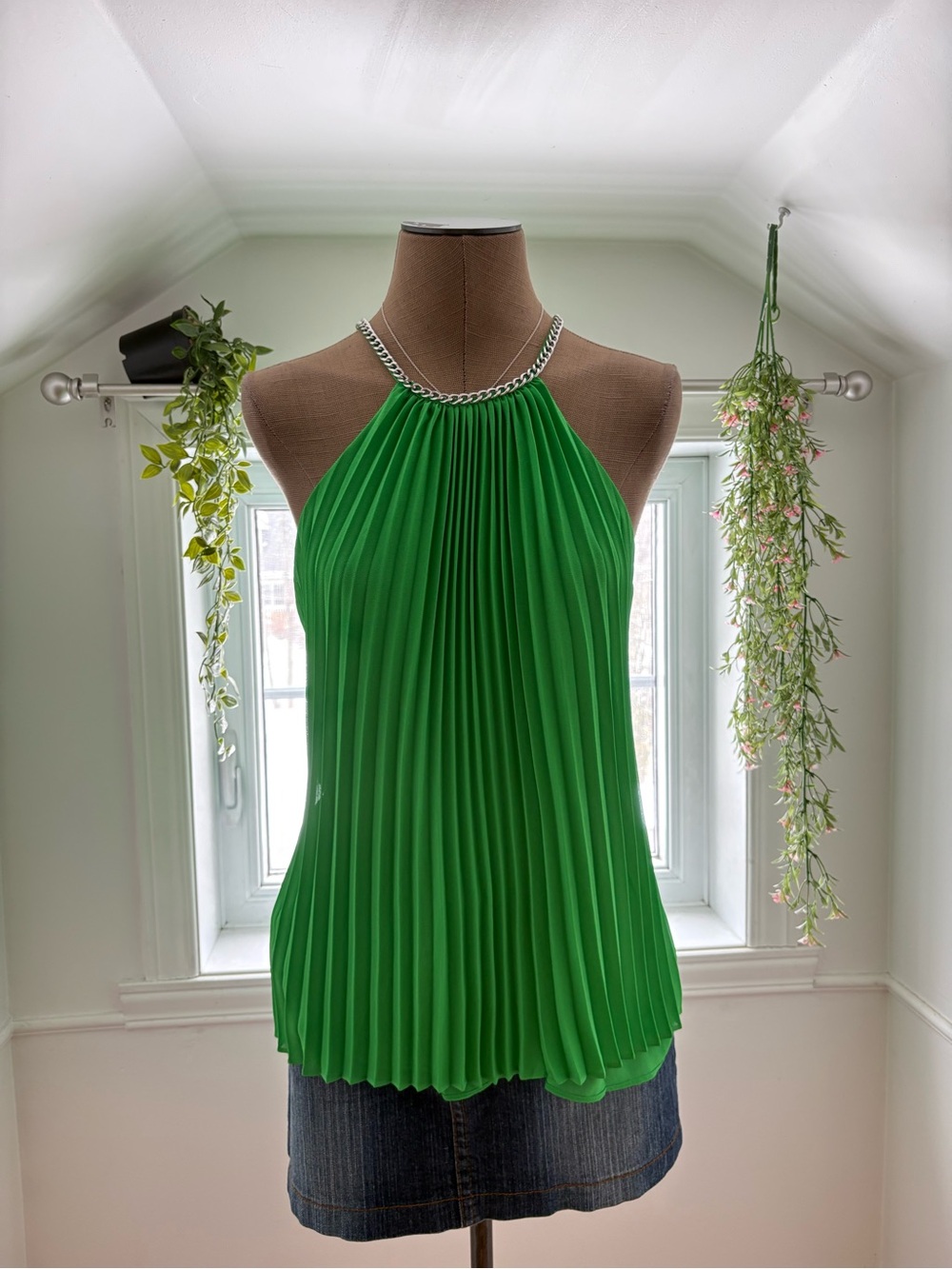 Michael Kors Bright Green Pleated Halter Cami with Silver Chain